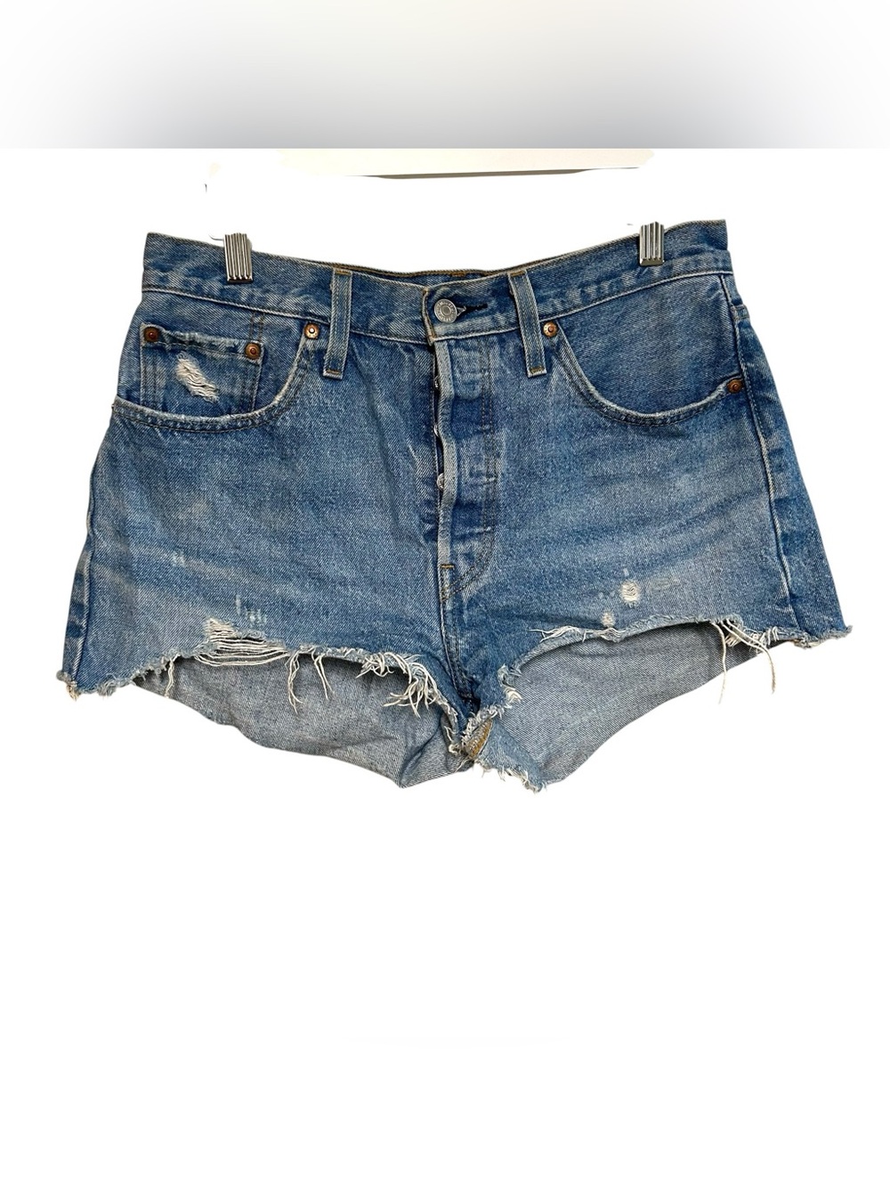 Levi's 29 premium denim 501 Jean shorts distressed button fly high waisted